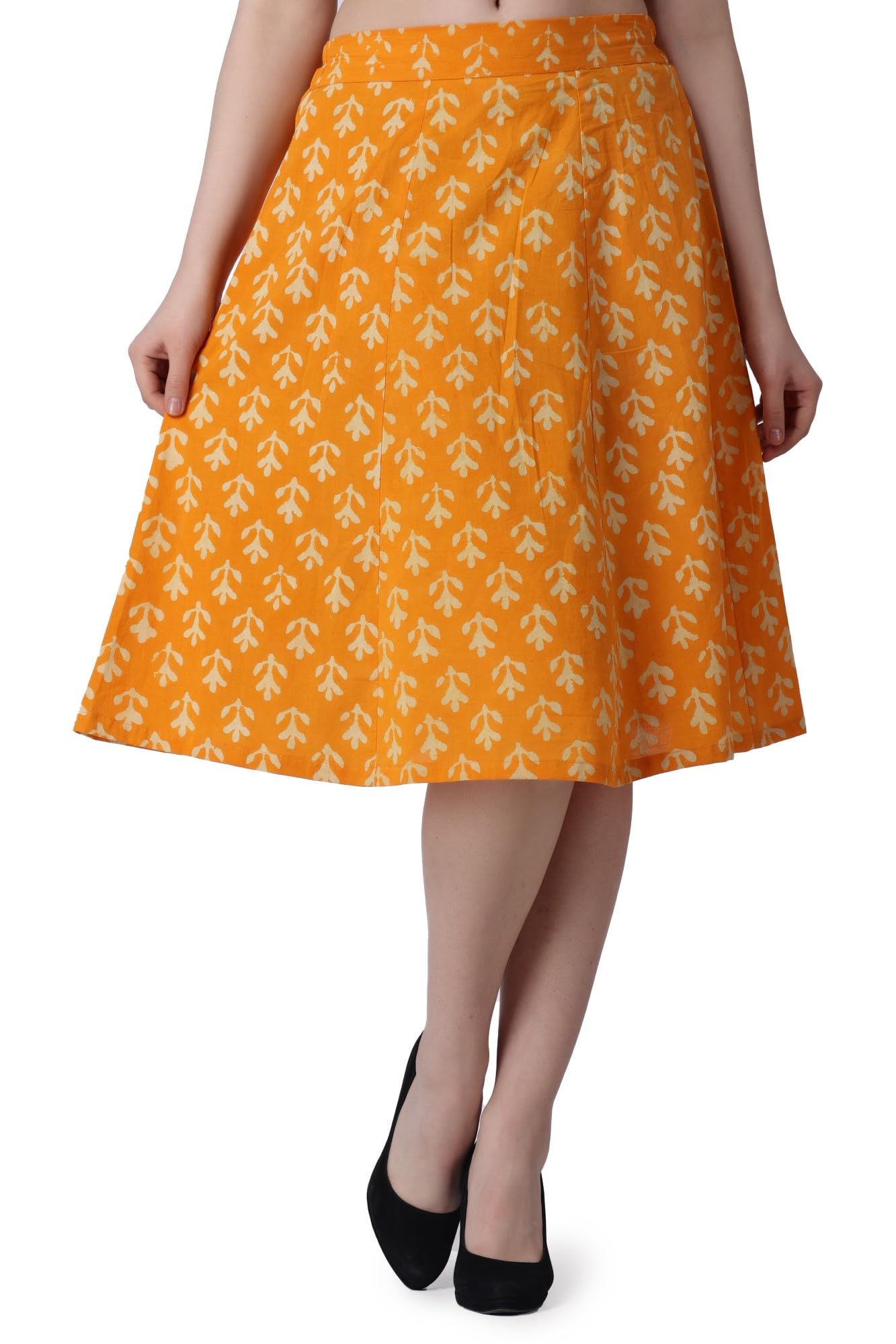 POPWINGS Casual Bagru Printed A Line Knee-Length Skirt for Women | Summer Skirt for Women | Ethnic Skirt for Women Yellow