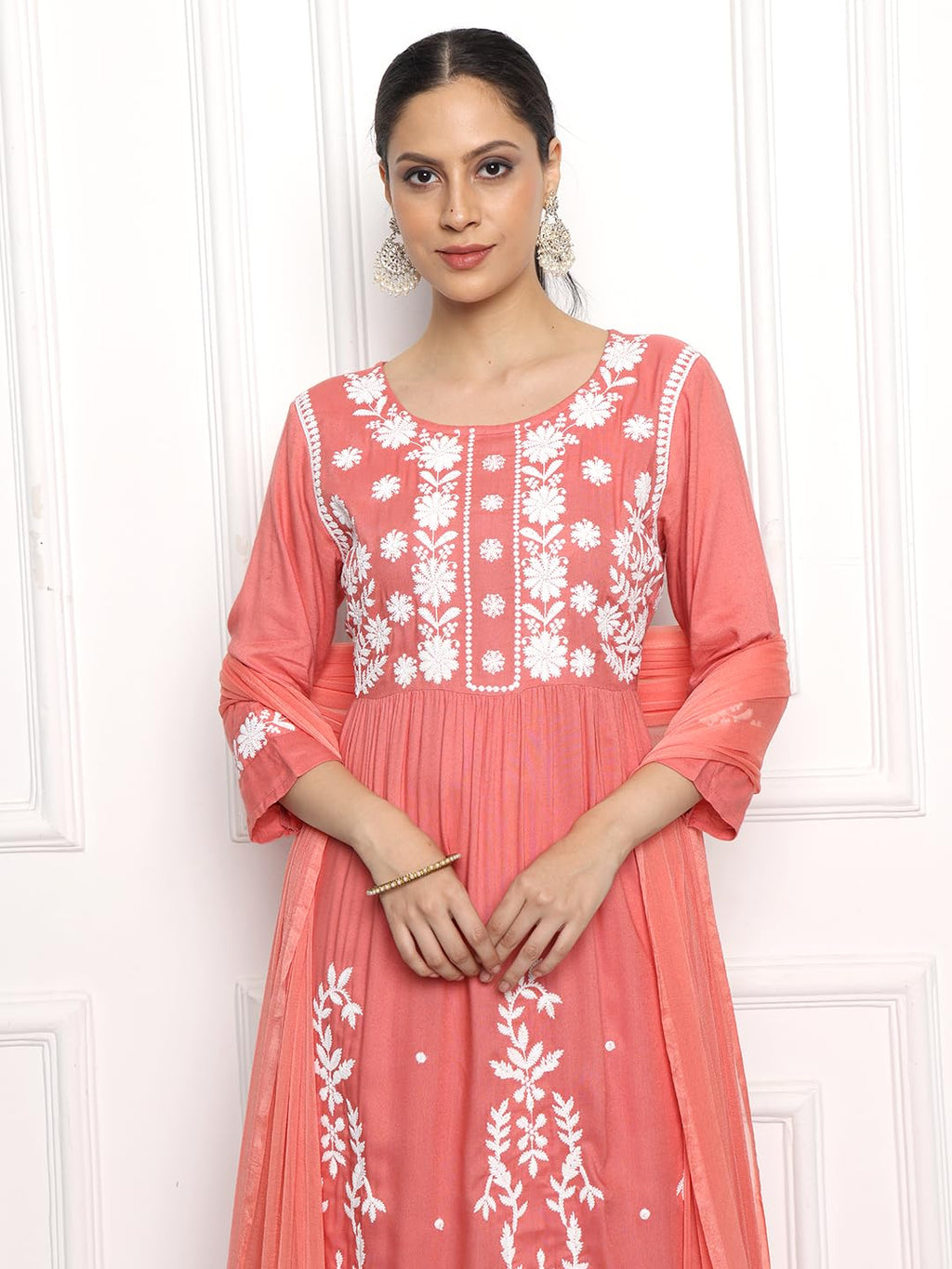 Kaari WomenS Chikankari Kurta Set With Dupatta - A-Line Fit | Chiffon Dupatta With Embroidered Band | Straight Pant With Side P