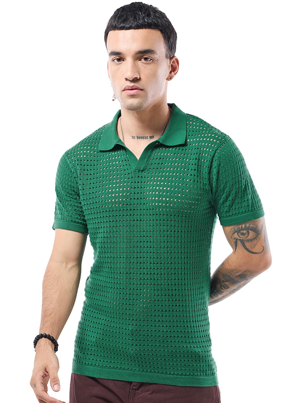 Bewakoof MenS Textured Regular Fit Half Sleeve Polo Neck Pure Cotton T-Shirt_633530_Green_M