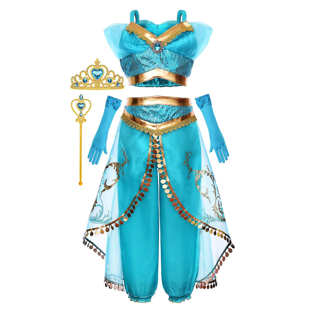 Cmiko Princess Jasmine Costume Dress Up Clothes Fancy Sequined Arabian Outfit Attire with Tiara Wand Gloves Accessories Set for 