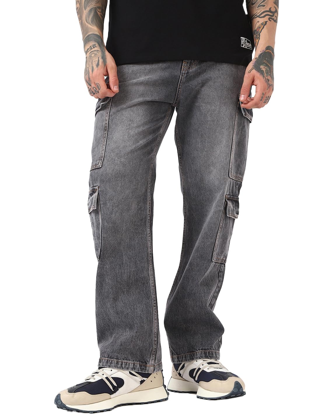 Bewakoof Mens Washed Straight Fit Cotton Cargo Jeans_654890_Grey_34