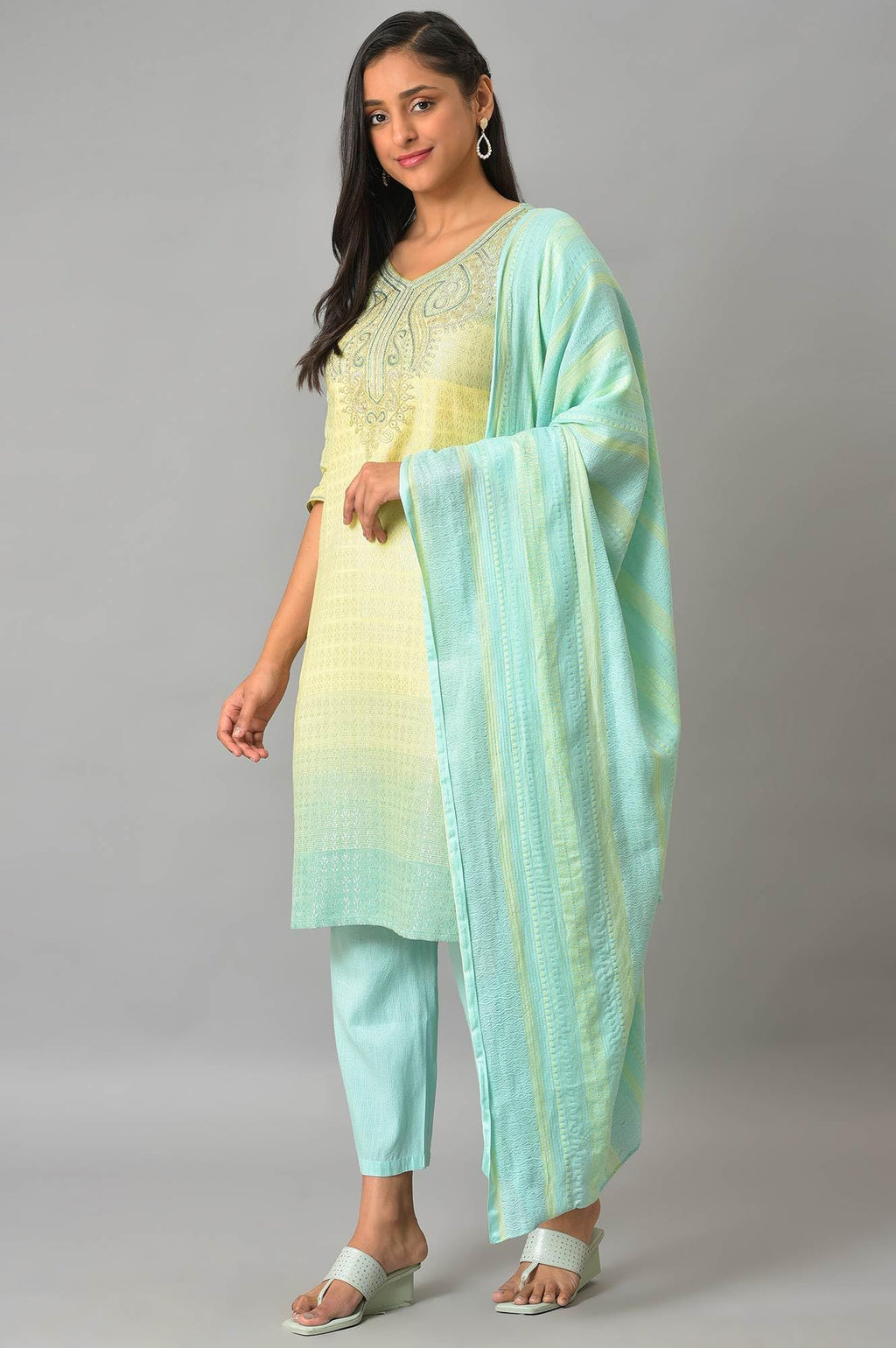 Yellow Embroidered Yarn-Dyed Kurta With Blue Narrow Palaza And Dupatta