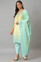 Yellow Embroidered Yarn-Dyed Kurta With Blue Narrow Palaza And Dupatta