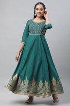 Aurelia Green Ethnic Motif Cotton Anarkali Kurta With Zari