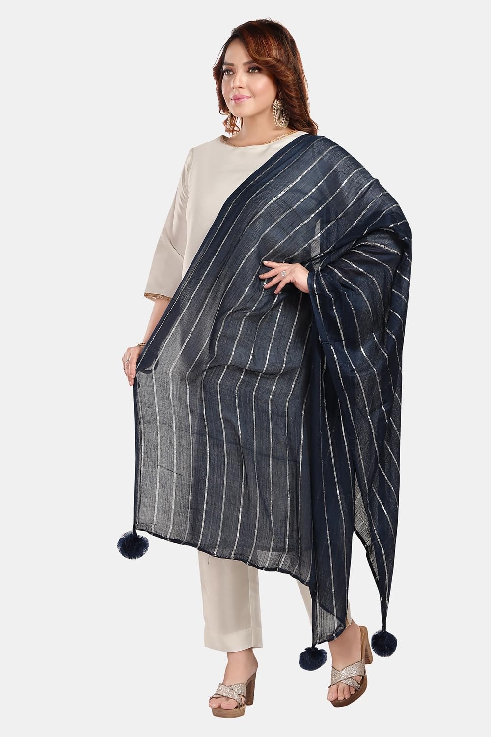 Fabme Womens Shimmer Embellished Soft Cotton Dupatta - Navy Blue, Free Size