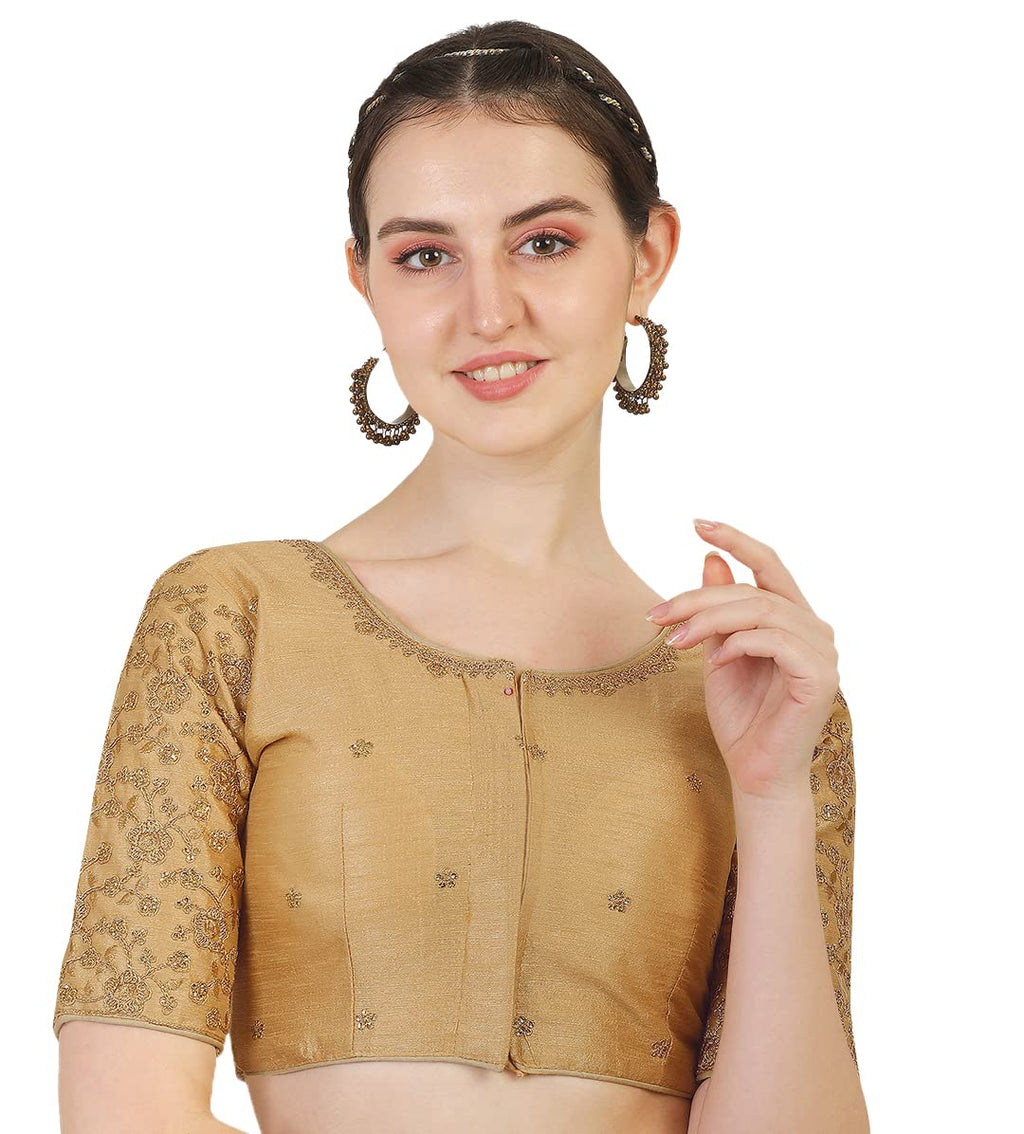 Pujia Mills Womens Phantom Silk Flower Half Sleeve Saree Blouse (Flowerr Blouse_Gold_36 Size+Margin)