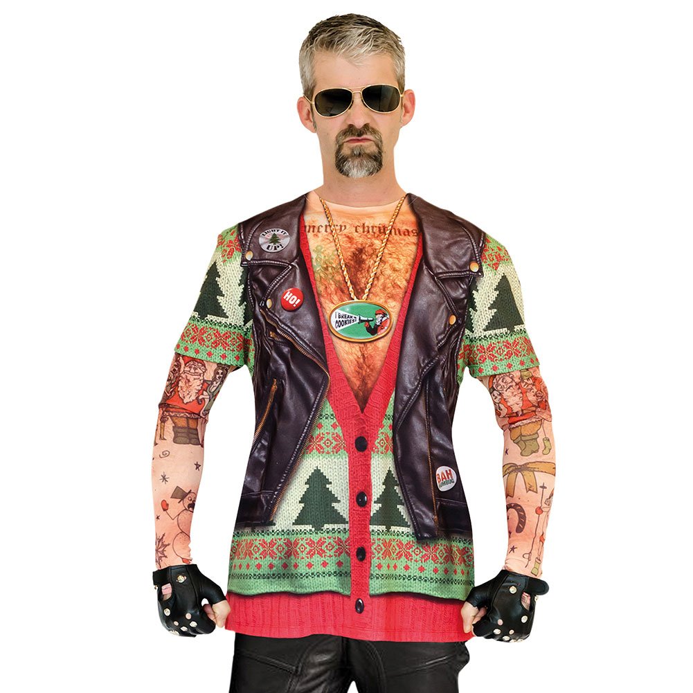 Faux Real Men's 3D Photo-Realistic Ugly Christmas Sweater Long Sleeve T-Shirt, Biker Xmas Tattoo, Large
