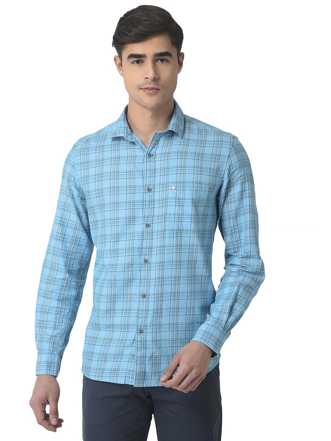 Turtle Men Cotton Melange Slim Fit Light Blue Checkered Casual Shirt