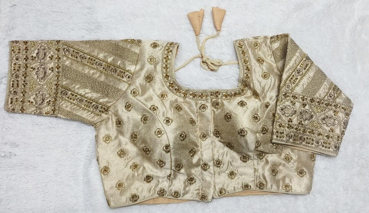 Pujia Mills WomenS Indian Ethnic Wear Stitched Designer Golden Codding With Zari Embroidered Work Round Neck Half Sleeve Readym