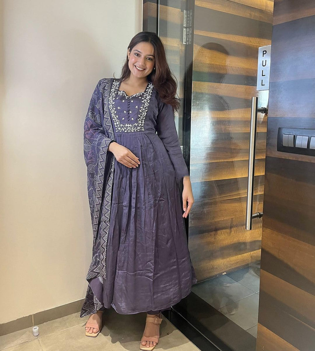 ANNI DESIGNER Womens Rayon Blend Anarkali Embroidered Kurta with Pant & Dupatta (ANANDHI Purple_S_Purple_Small)