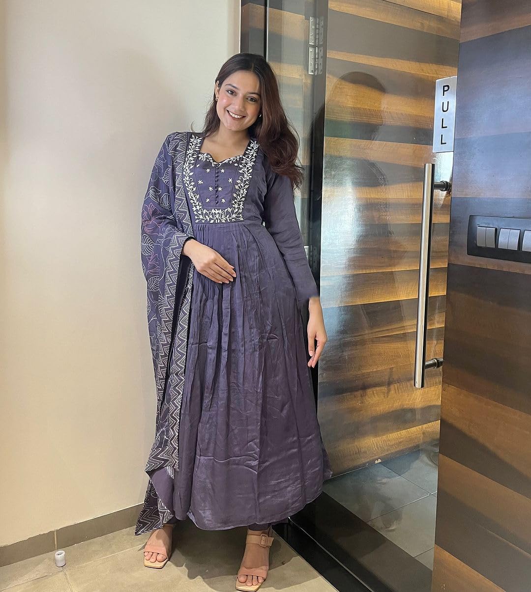 ANNI DESIGNER Womens Rayon Blend Anarkali Embroidered Kurta with Pant & Dupatta (ANANDHI Purple_S_Purple_Small)