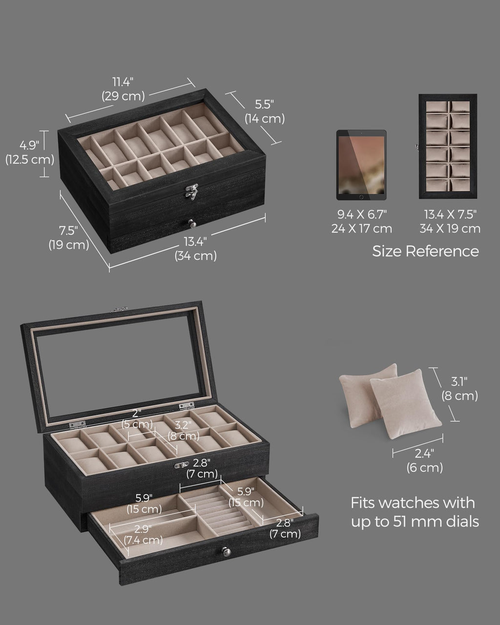 SONGMICS 12-Slot Watch Box, 2-Tier Watch Display Case with Large Glass Lid, Removable Watch Pillows, Velvet Lining, Jewelry Box,