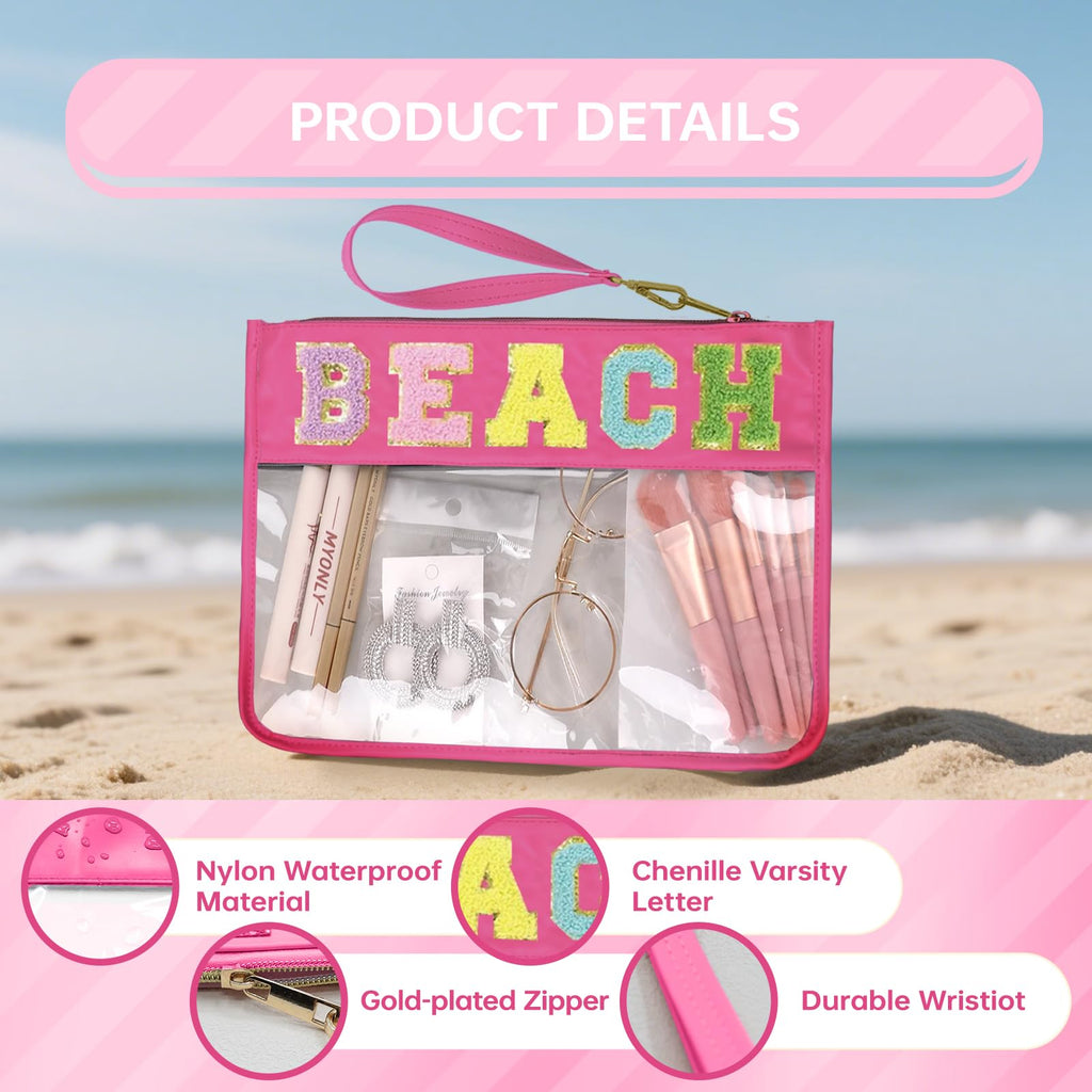 Siwara Beach Bags Sunscreen Bag Summer Essentials Clear Pouch Travel Makeup Bag Beach Essentials Chenille Letter Bags for Zipper