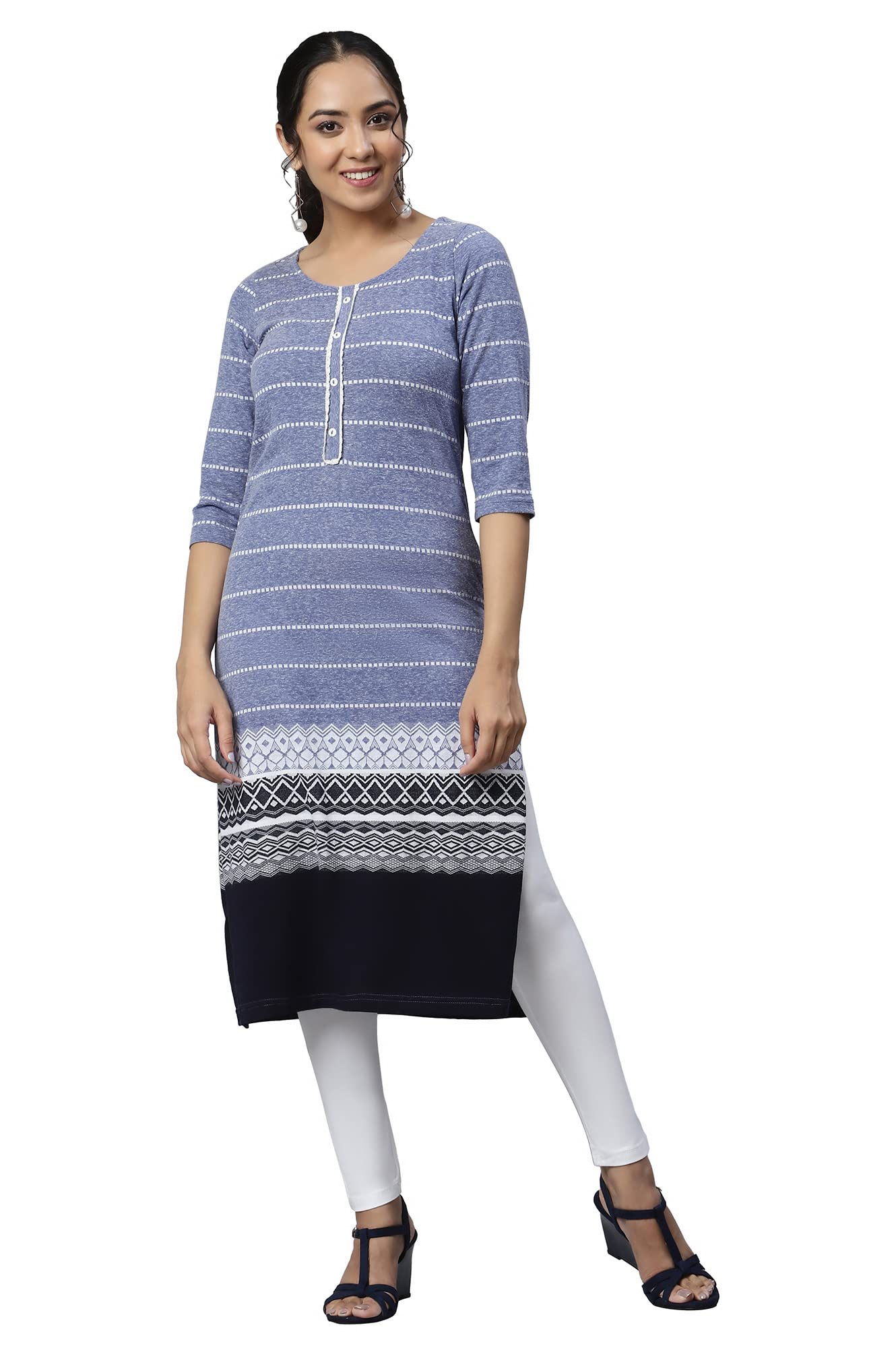 Aurelia Women Blue Cotton Blend Geometric Jacquard Straight Kurta_22Aua13346-702547_L