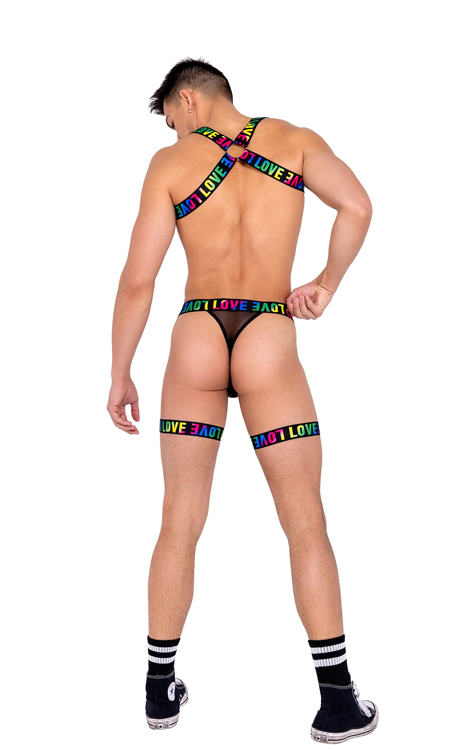 6158 - Mens Pride Thong with Attached Garters - Large / Black/Multi