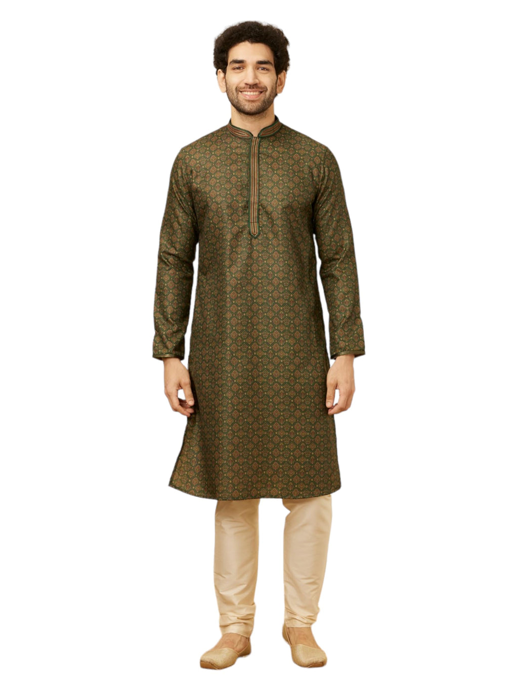Manyavar Green Blended Viscose Printed Kurta Set For Men