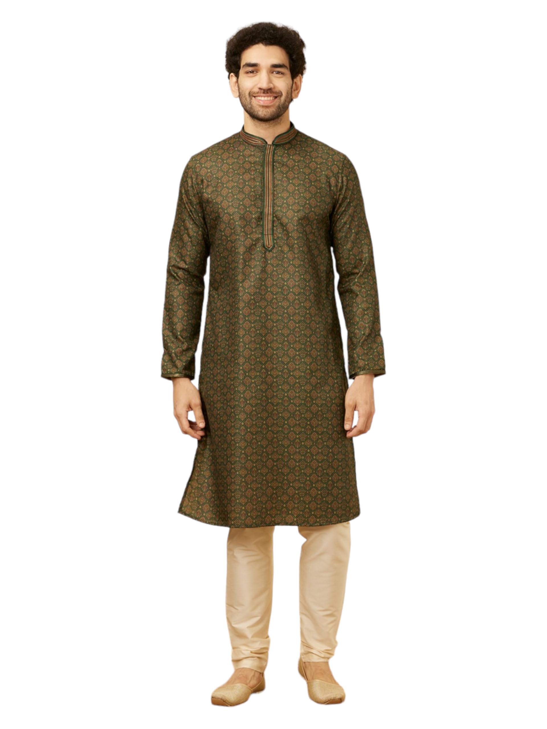 Manyavar Green Blended Viscose Printed Kurta Set For Men