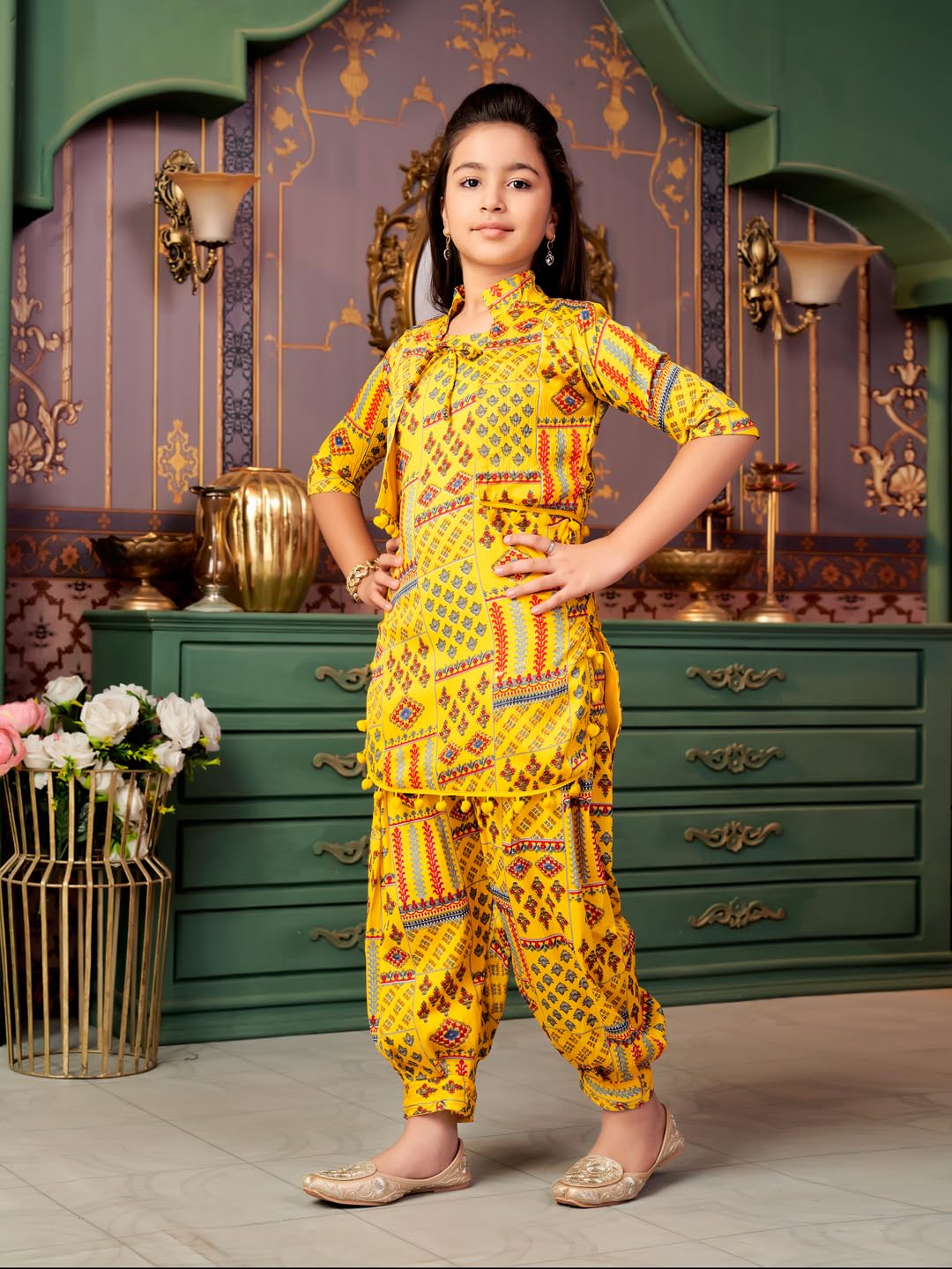 Aarika Girls Ethnic Wear Yellow Colour Abstract Print Polycrepe Kurti Patiala Set-3-13 Years (Pt-Shm-5013)