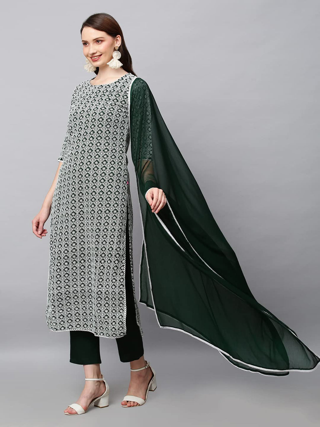 ANNI DESIGNER Womens Cotton Blend Printed Straight Kurta with Pant & Dupatta (KARAGA-Green_XXL_Green_XX-Large)