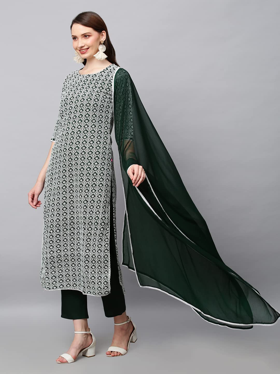 ANNI DESIGNER Womens Cotton Blend Printed Straight Kurta with Pant & Dupatta (KARAGA-Green_XXL_Green_XX-Large)