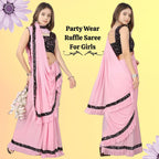 Dhyey Fashion Fashionable Baby Girls Lycra Blend Saree With Velvet Unstitched Blouse Piece | Readymade Saree For Girls | Sarees