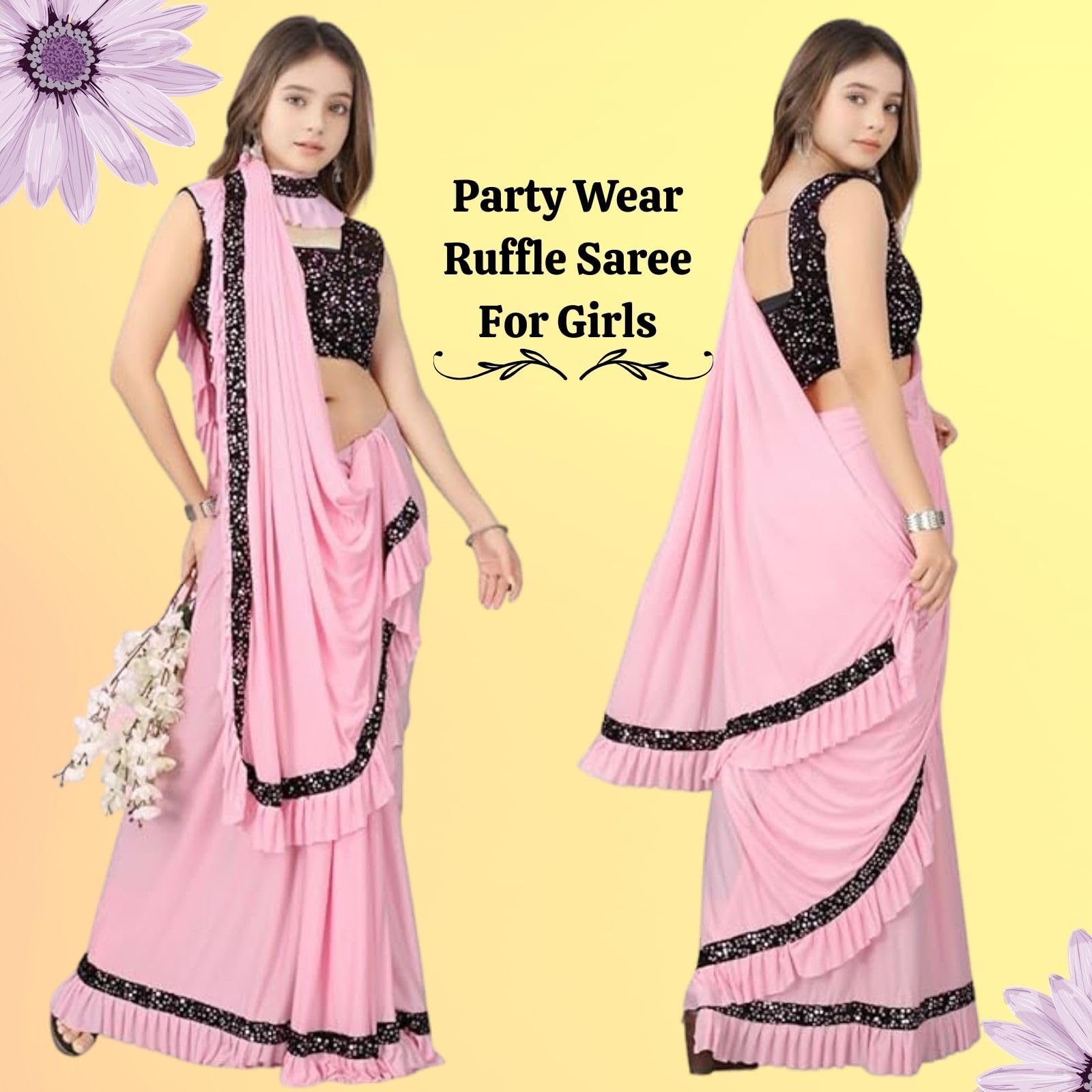 Dhyey Fashion Fashionable Baby Girls Lycra Blend Saree With Velvet Unstitched Blouse Piece | Readymade Saree For Girls | Sarees