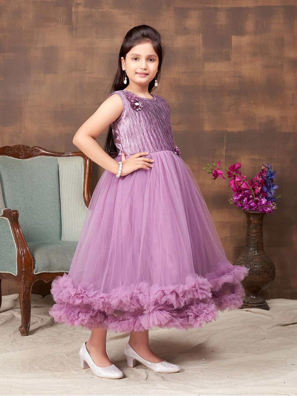 Aarika Girls Purple Colour Emballished Beads Net Gown (4-11 Years)