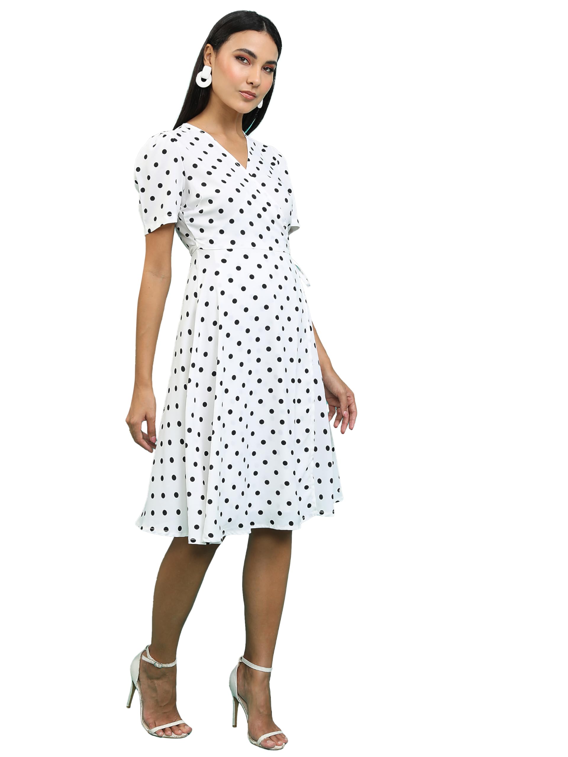 Ketch WomenS Cotton Blend Fit And Flare Wrap Dress Knee-Length Khj6000485_White/Black