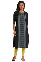W Black Geometric Printed Cotton-Rayon Blend Straight Long Kurta For Women