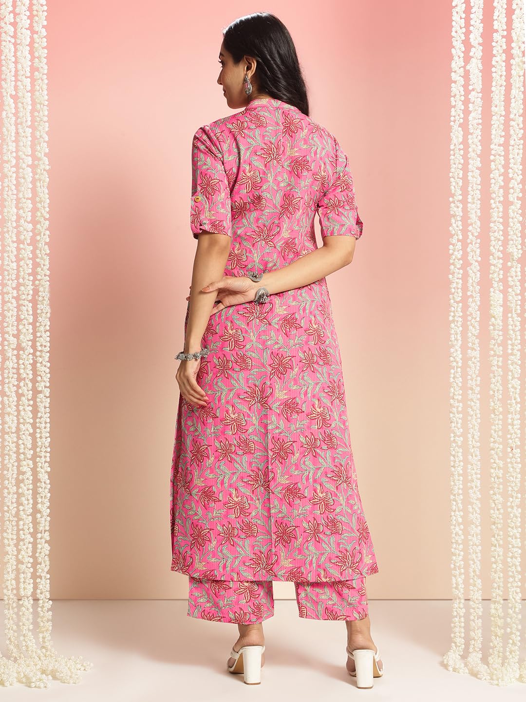 ANNI DESIGNER Women s Straight Printed Viscose Kurta with Trousers, Pink, L