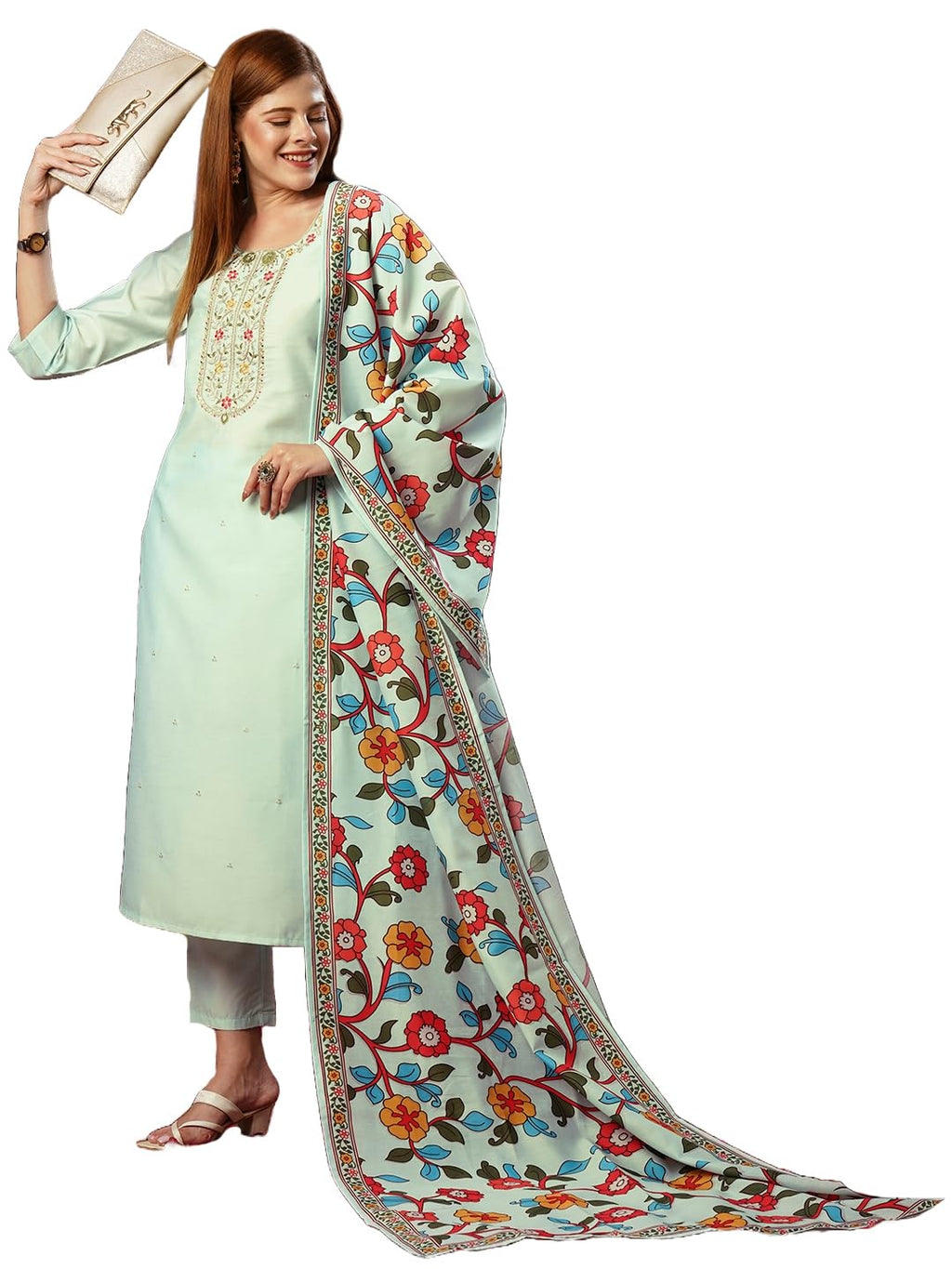 ANNI DESIGNER Ladies Cotton Blend Kurta with Trousers and Dupatta, grey, M