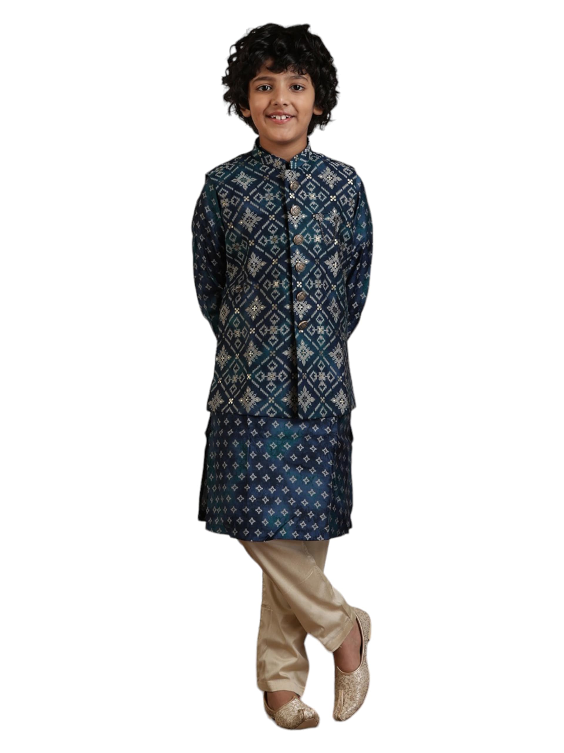 Manyavar Teal Blue Blended Viscose Foil Print Kurta Jacket Pyjama Set for Child