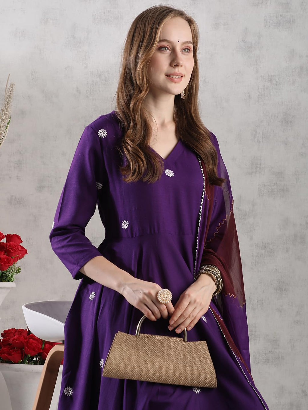 ANNI DESIGNER Anarkali Women s Embroidered Rayon Blend Kurta with Trousers and Dupatta, purple, Large