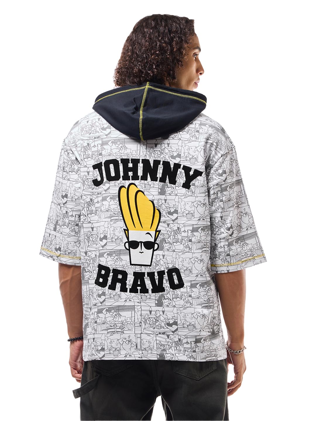 Bewakoof Heavy Duty 1.0 Cartoon Network Merchandise Mens Printed Oversized Fit Half Sleeve Hooded Neck Cotton T-Shirt_627879_Wh