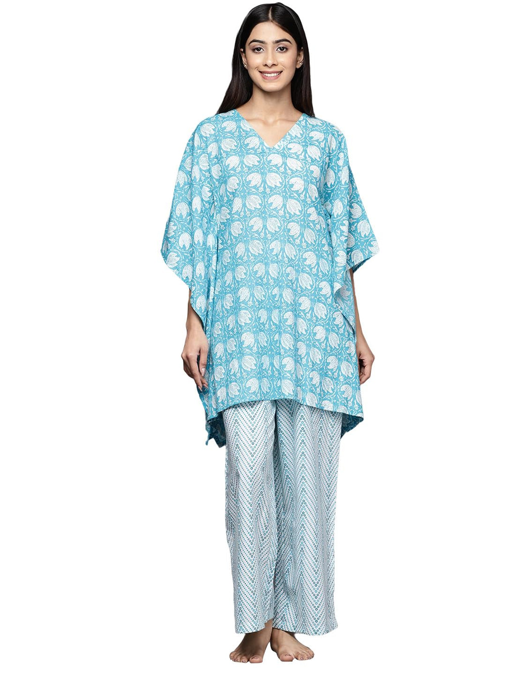 Libas Womens Printed Cotton Night Suit Set For Women Turquoise Blue