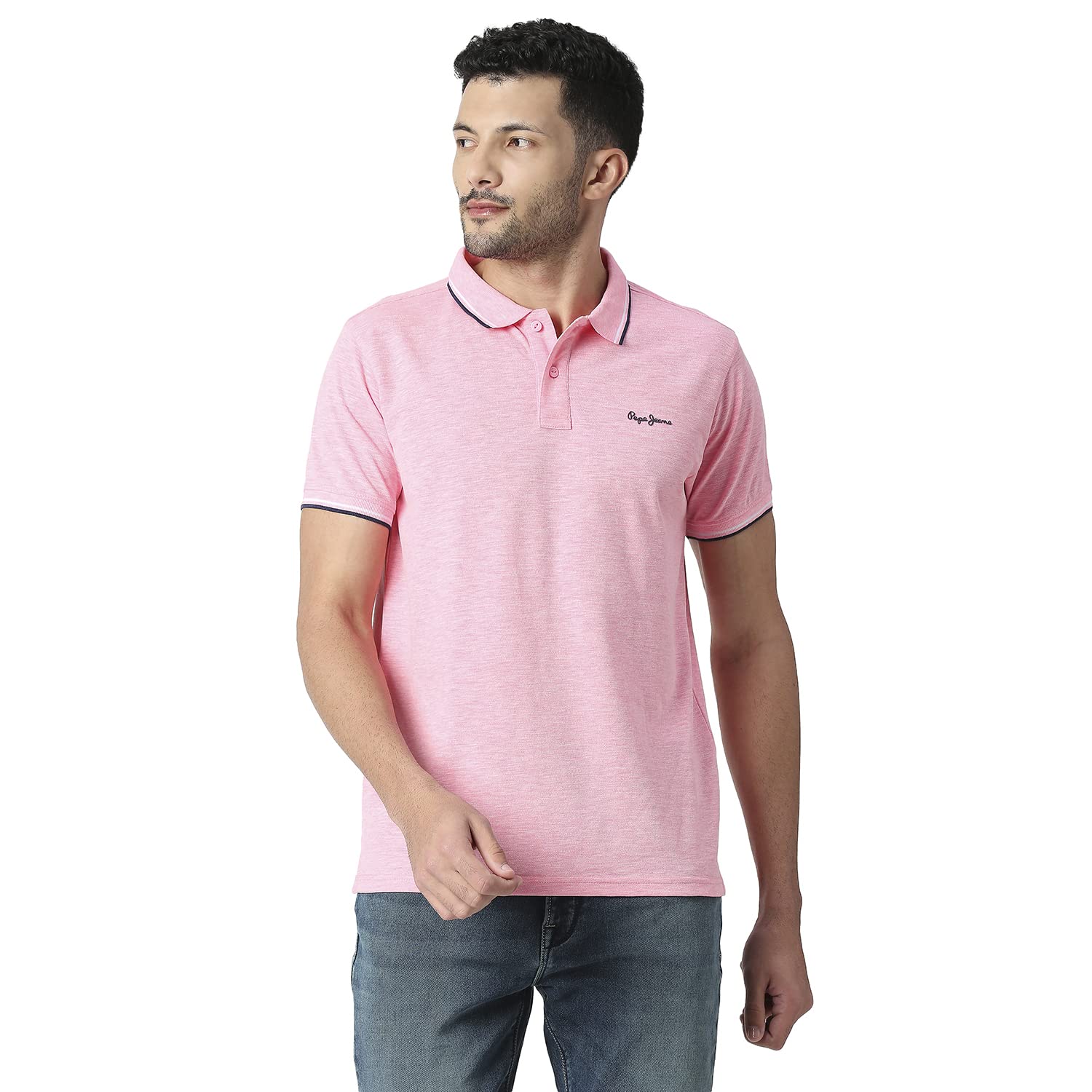 Pepe Jeans Men Cotton Blend Regular Fit Solid Polo T-Shirts Pink, Medium
