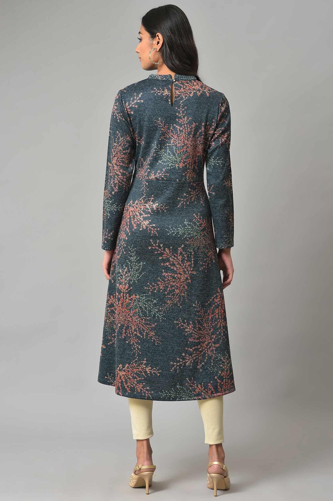 W For Woman Dark Blue Light Festive Jacquard Winter Kurta