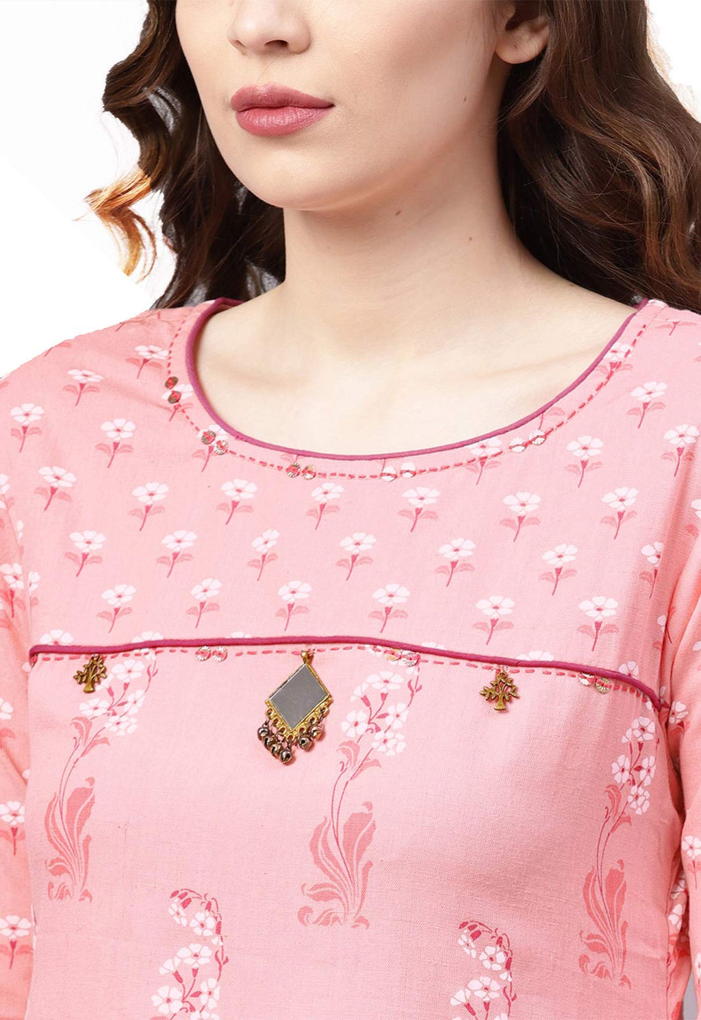 Ishin Women'S Pure Cotton Anarkali Printed Thread Work Floral Print Pink Kurta Suit Set With Palazzo