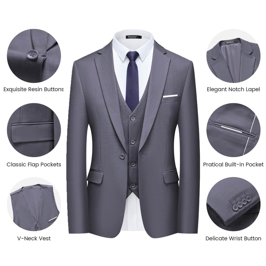 WULFUL Mens Slim Fit Suit One Button 3-Piece Blazer Dress Business Wedding Party Jacket Vest & Pant Dark Grey