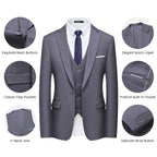 WULFUL Mens Slim Fit Suit One Button 3-Piece Blazer Dress Business Wedding Party Jacket Vest & Pant Dark Grey