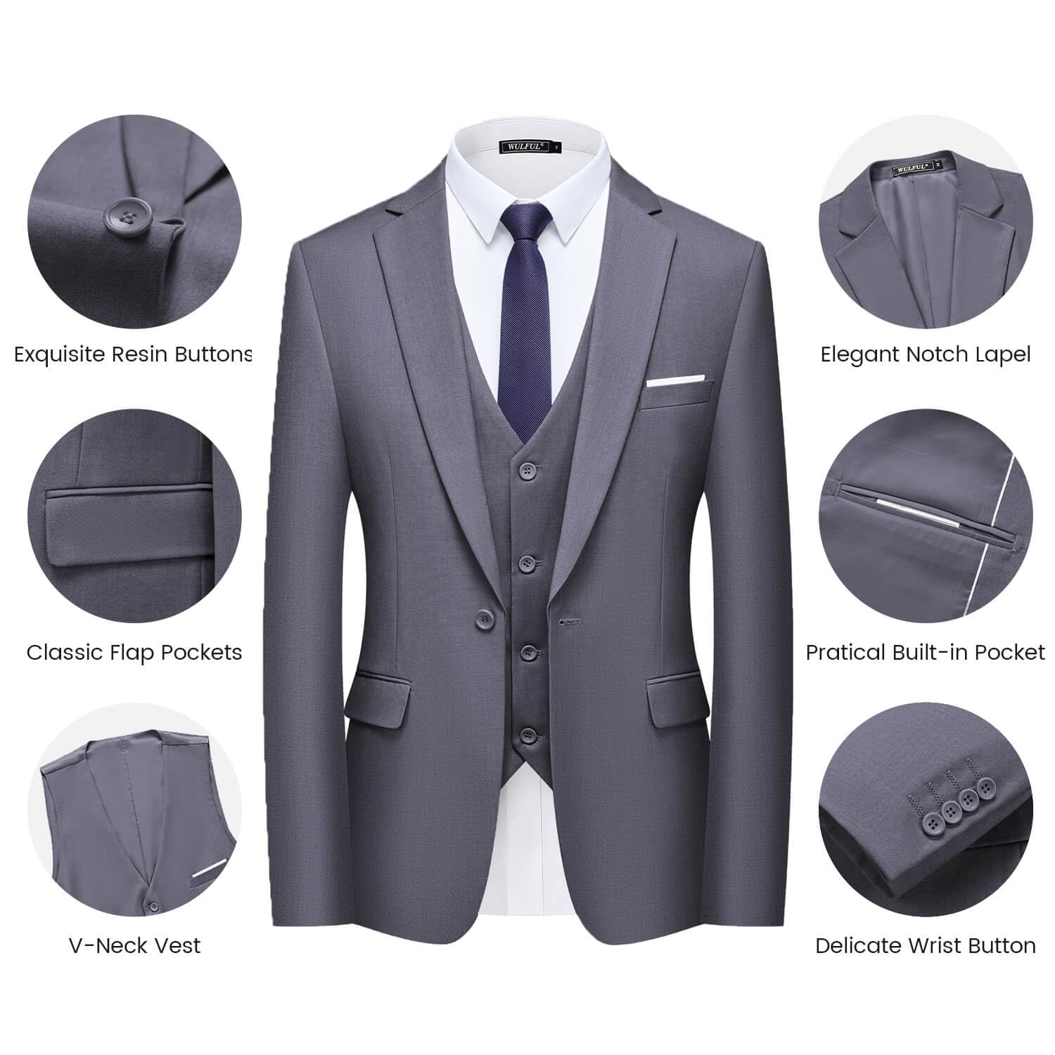WULFUL Mens Slim Fit Suit One Button 3-Piece Blazer Dress Business Wedding Party Jacket Vest & Pant Dark Grey
