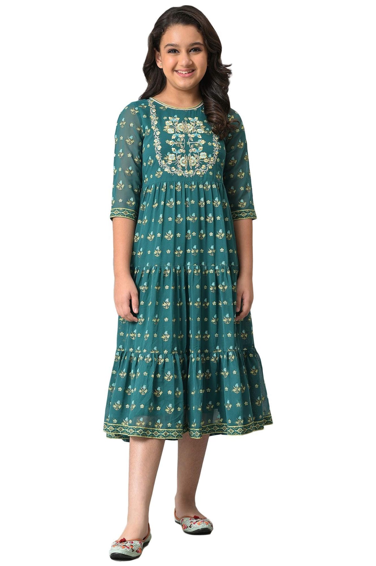 Girls Green Zari Embroidered Festive Dress