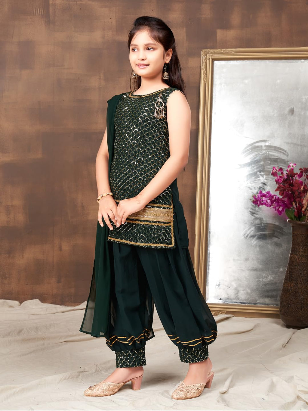 Aarika Girls Ethnic Wear D-Green Colour Sequin Embroidery Lace Work Georgette Kurti Patiala Set (10-15 Years)