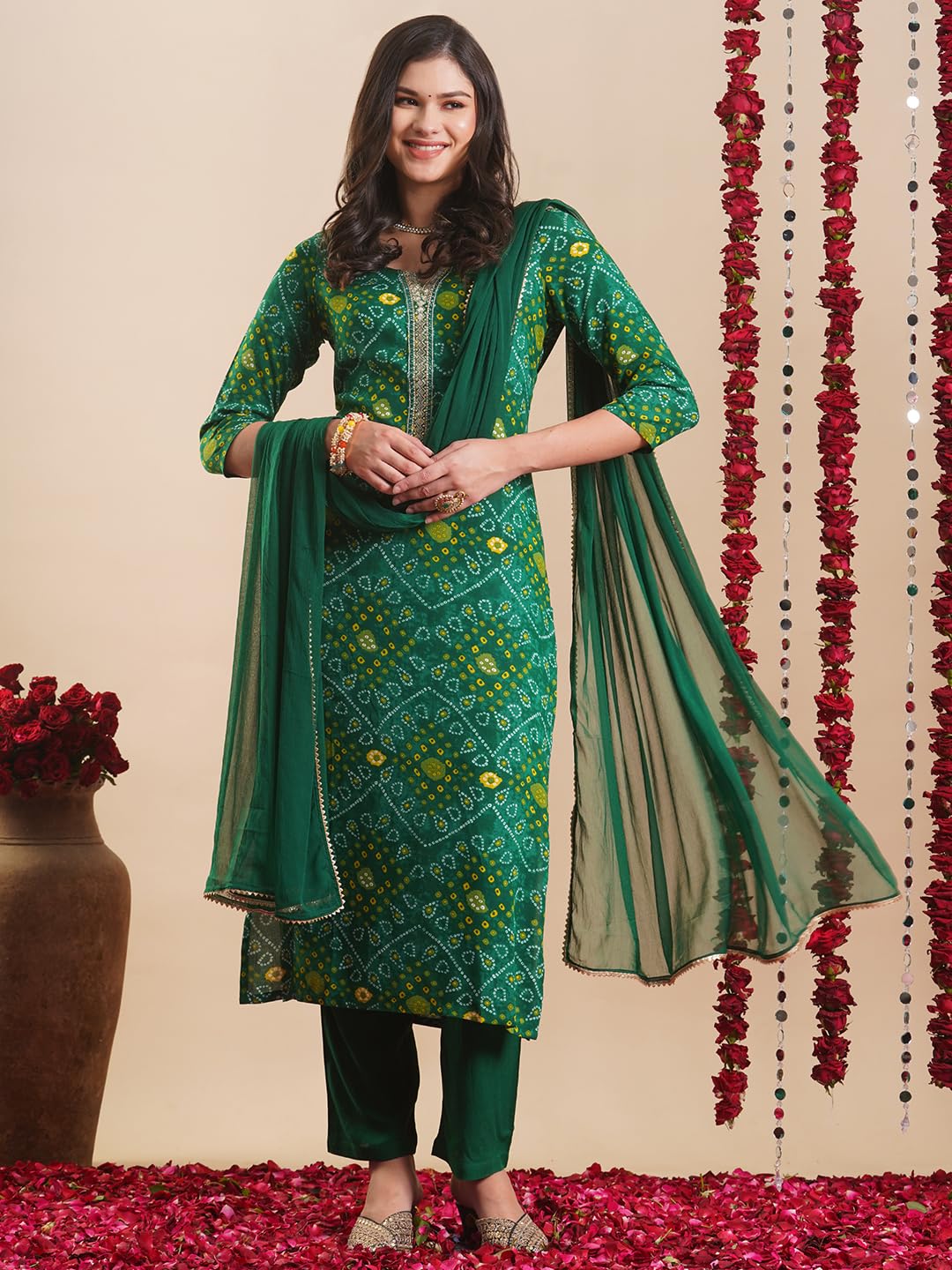 ANNI DESIGNER Women s Rayon Blend Kurta with Pants and Dupatta, Green, 5XL