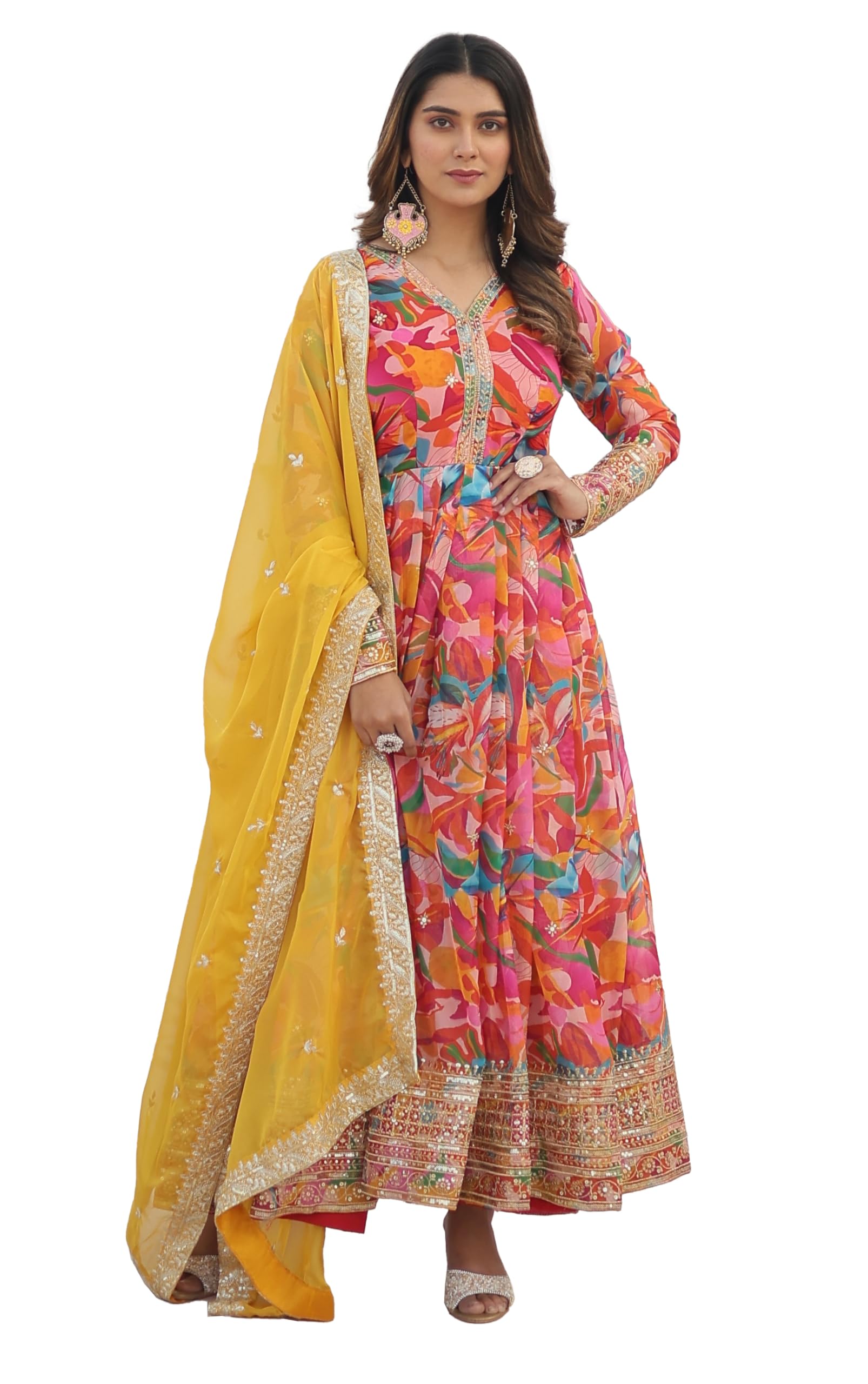 Fashion Basket Green Russian Silk Floral Print Anarkali Kurta Set For Women (In, Alpha, 2Xl, Regular, Standard, Pink)