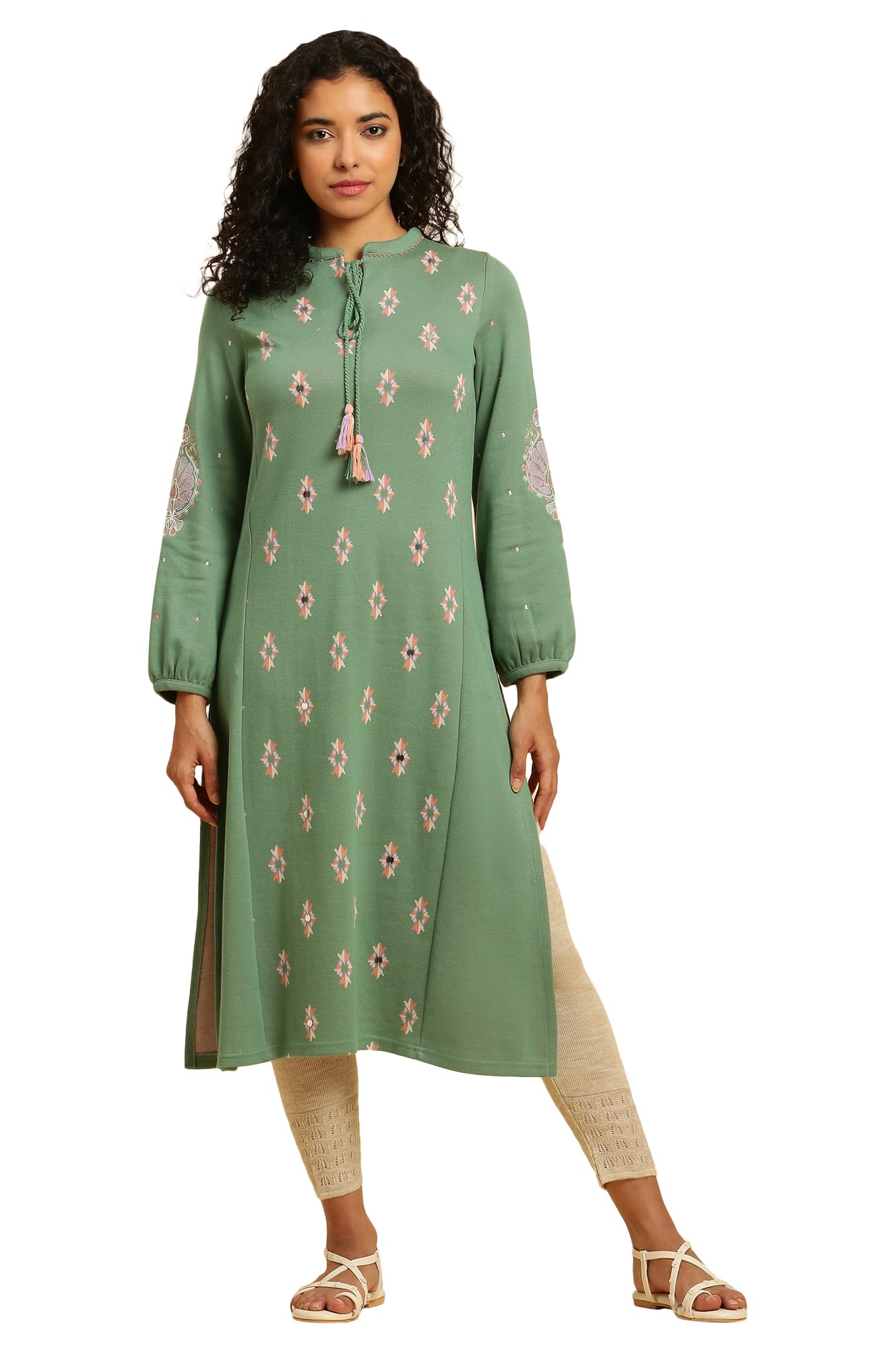 W For Woman Women'S Polyester Geometric Kurta & Tight (23Nows10202-313144_Wasabi