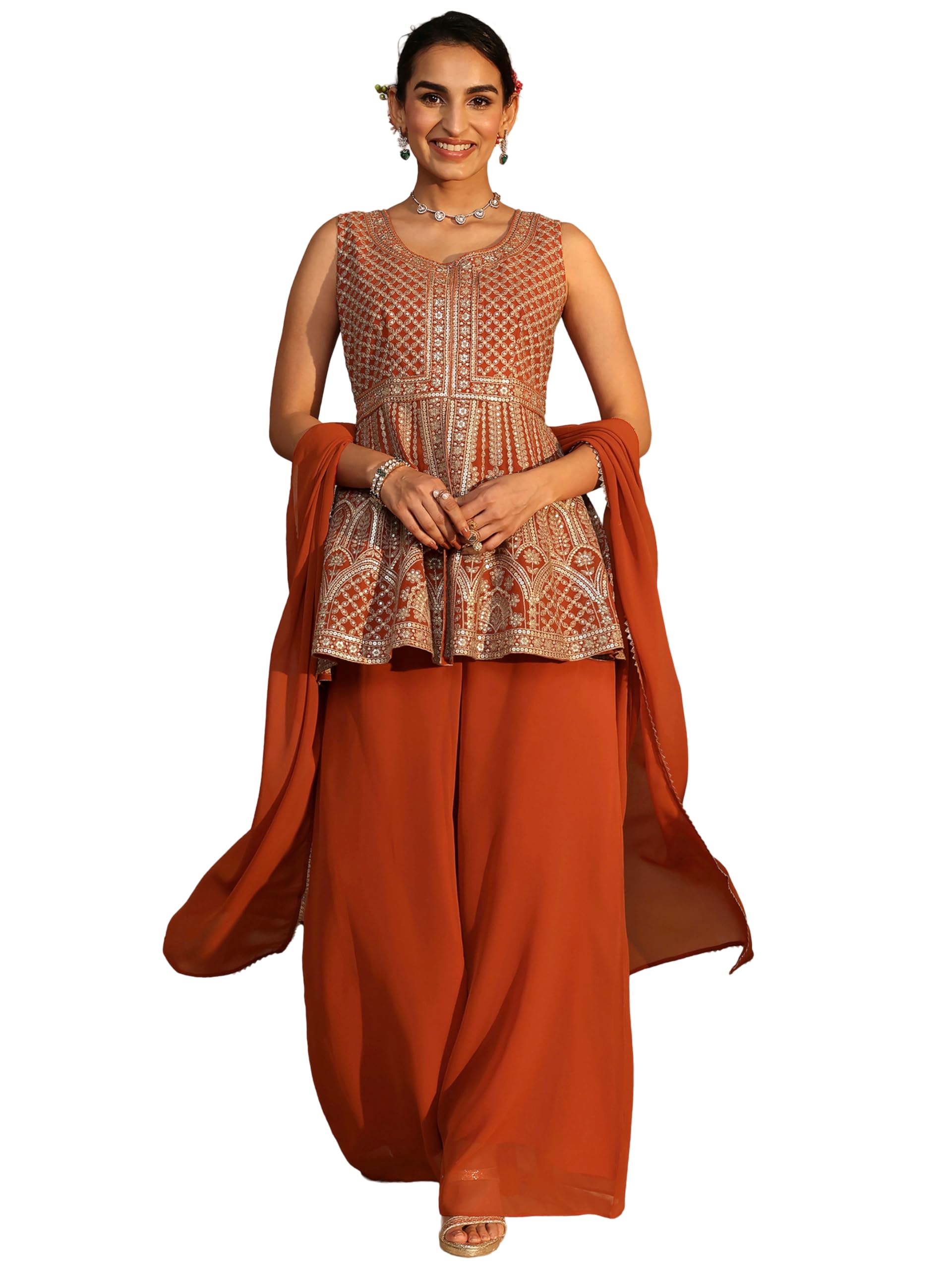 Libas Embroidered Georgette Fit and Flare Kurta With Palazzo and Dupatta-93127AXXL