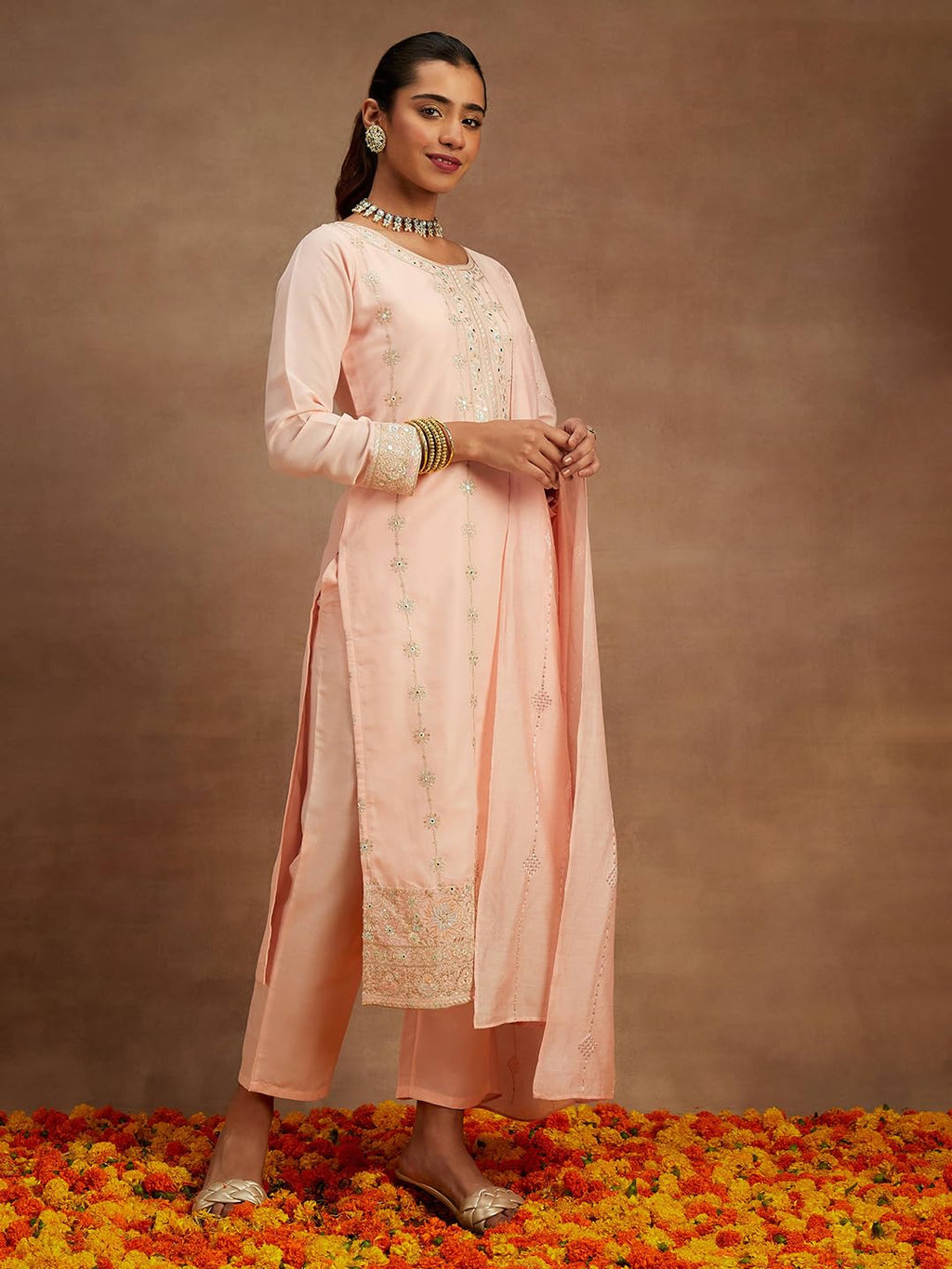 Libas Womens Embroidered Silk Straight Kurta With Trousers And Dupatta