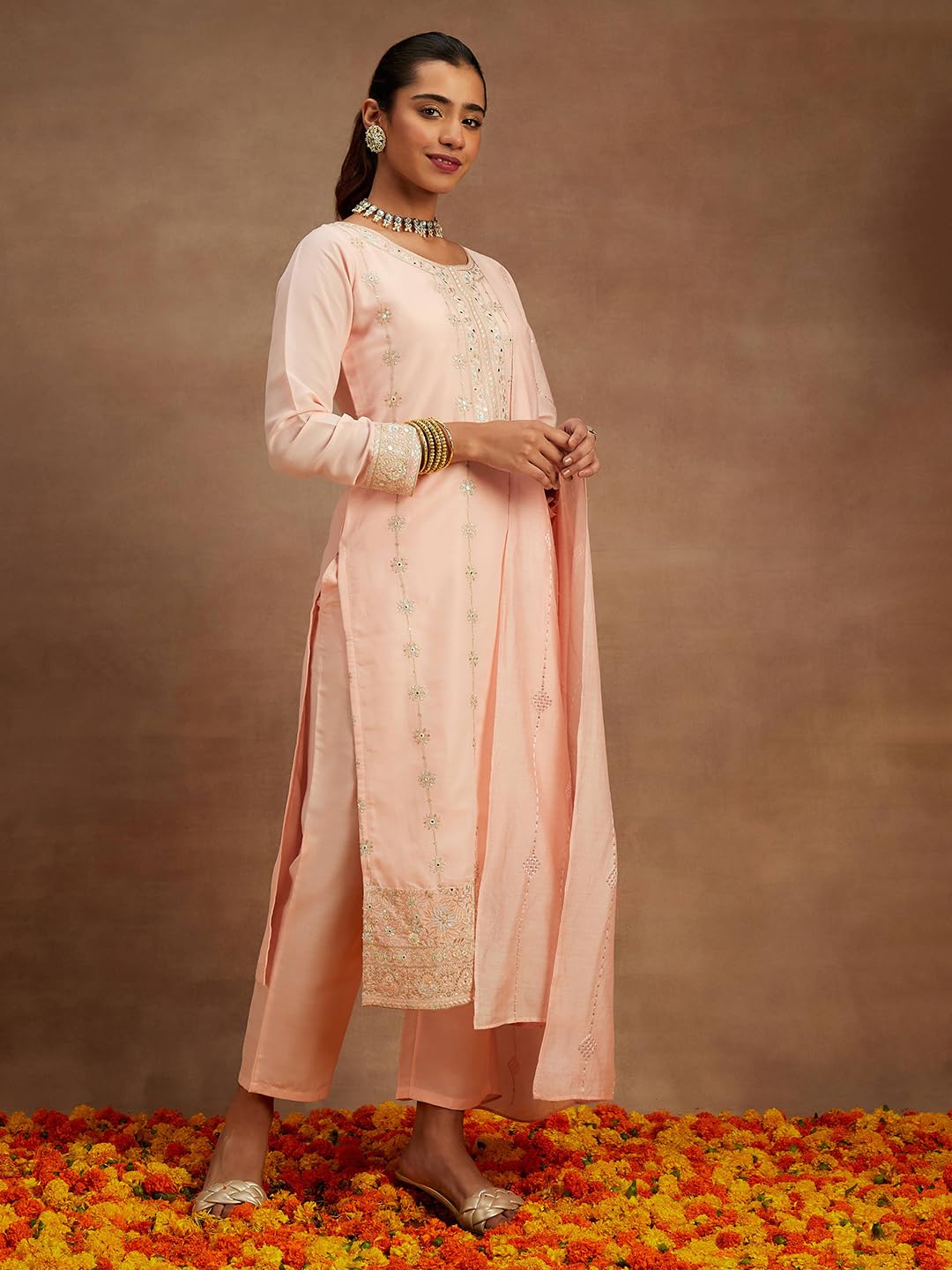 Libas Womens Embroidered Silk Straight Kurta With Trousers And Dupatta