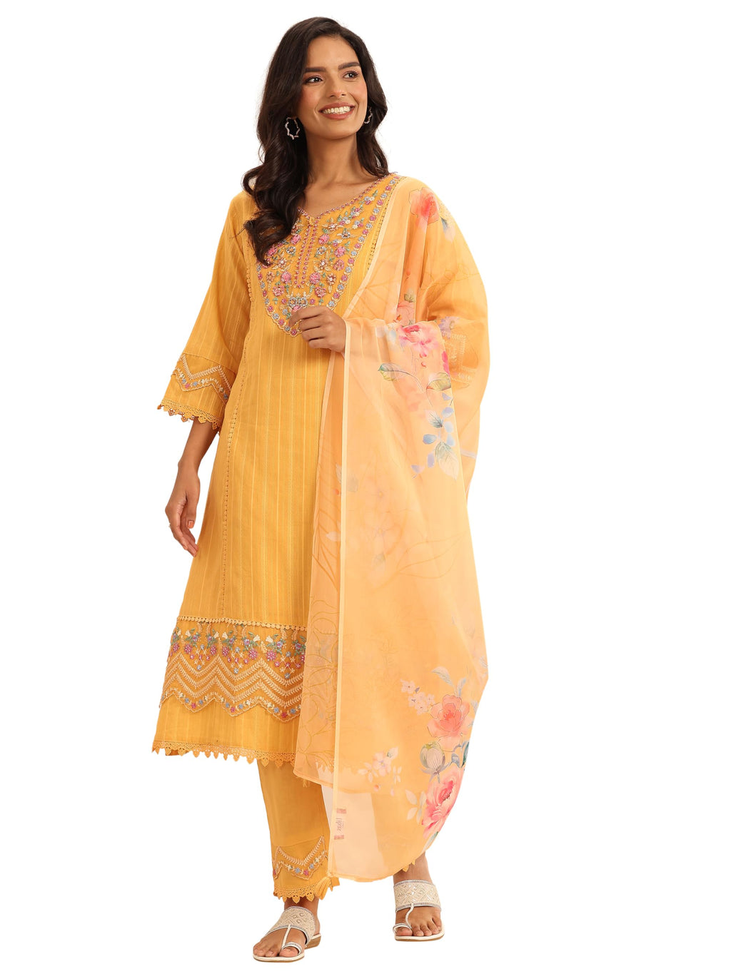 Libas Womens Embroidered Cotton Blend A-Line Kurta With Trousers and Dupatta